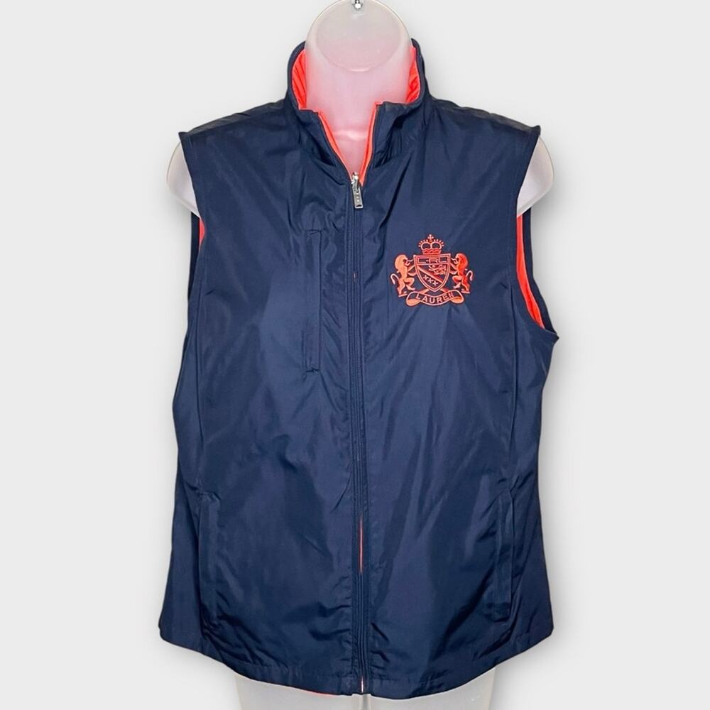 LAUREN RALPH LAUREN reversible crested navy and orange full zip vest size medium - Picture 2 of 8